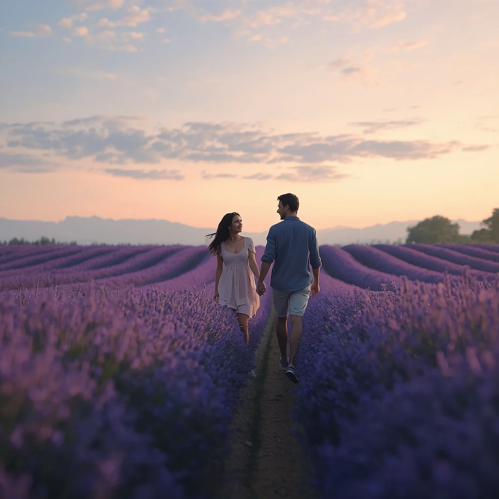 Couple's Romantic Stroll Through a Lavender Field at Dusk — AI image prompt