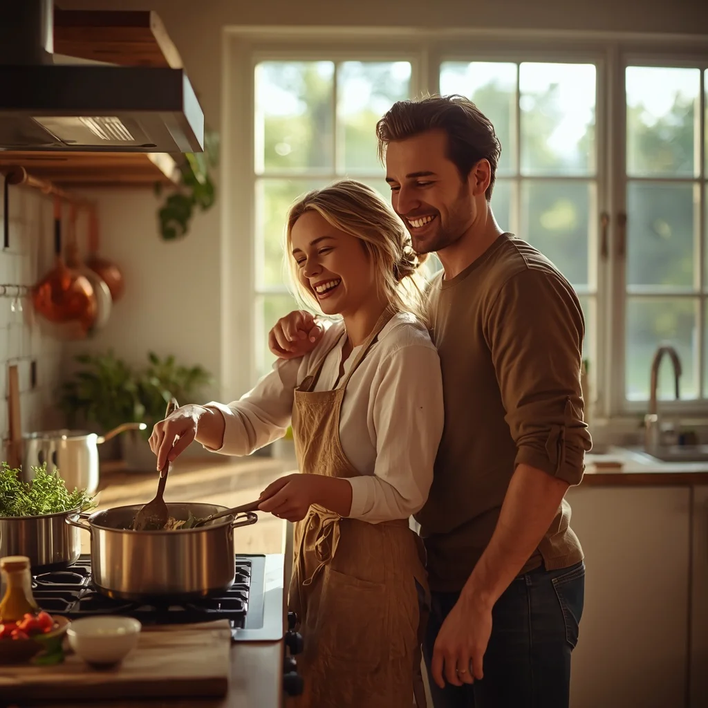 Cozy Home Life: A Couple Cooking Together in a Warm Kitchen — AI image prompt
