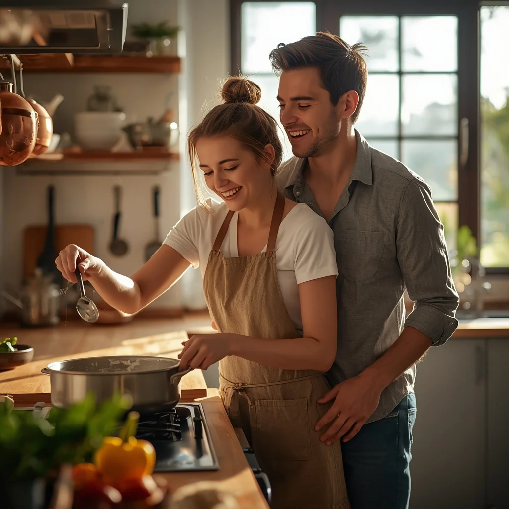 Cozy Home Life: A Couple Cooking Together in a Warm Kitchen — AI image prompt
