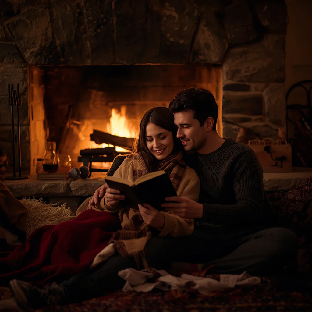 Cozy Winter Night: A Couple Reading by a Crackling Fireplace — AI image prompt