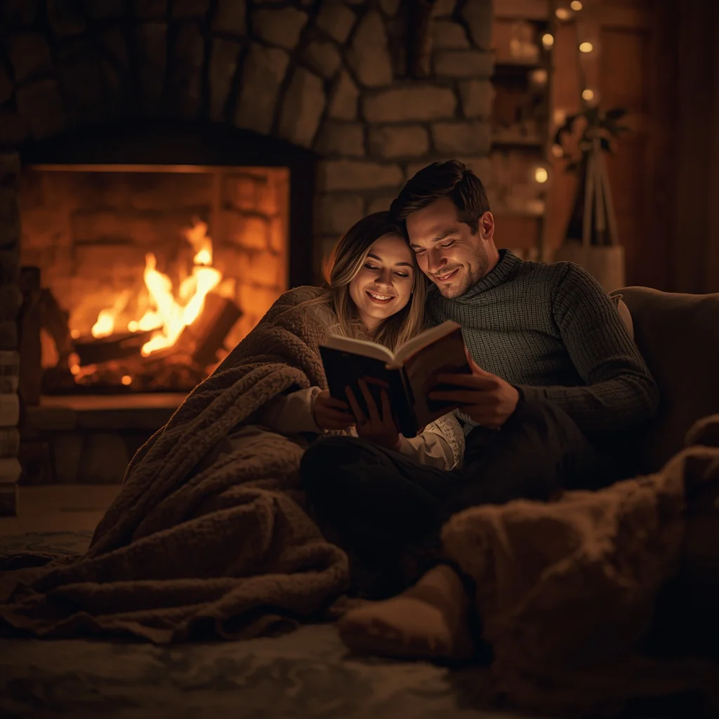 Cozy Winter Night: A Couple Reading by a Crackling Fireplace — AI image prompt