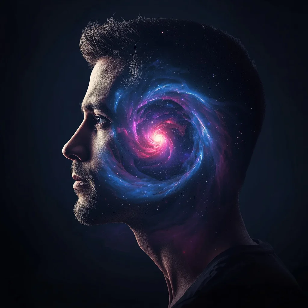 Double Exposure of a Man's Pensive Face with a Cosmic Nebula Swirl — AI image prompt