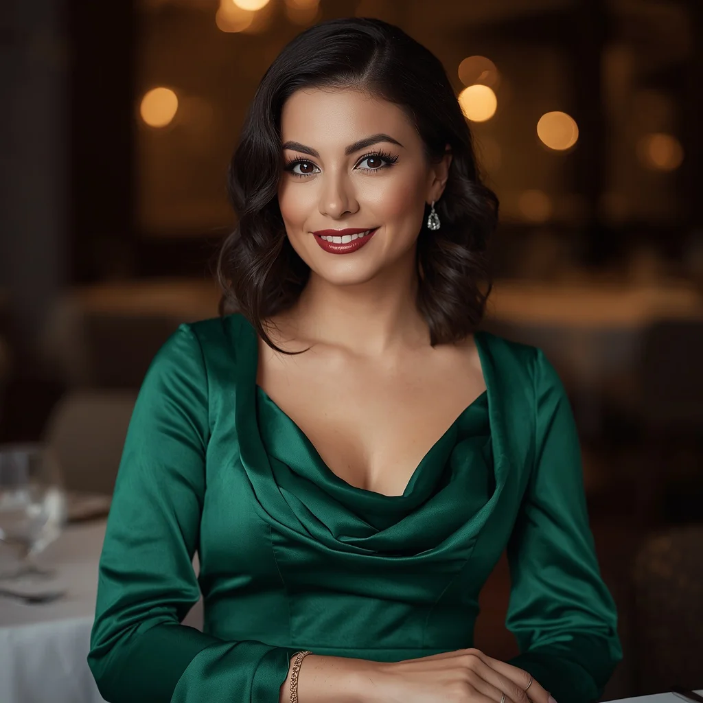 Elegant Emerald Green Satin Midi Dress for a Formal Dinner — AI image prompt