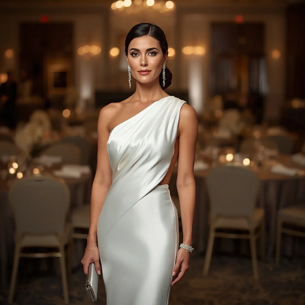 Elegant One-Shoulder Column Gown for a Gala Dinner — AI image prompt