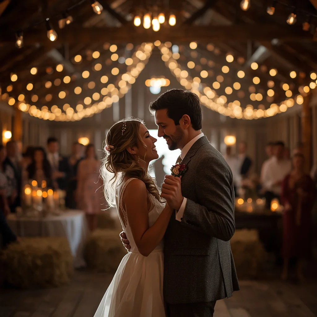First Dance in a Rustic Barn with Twinkling Lights — AI image prompt
