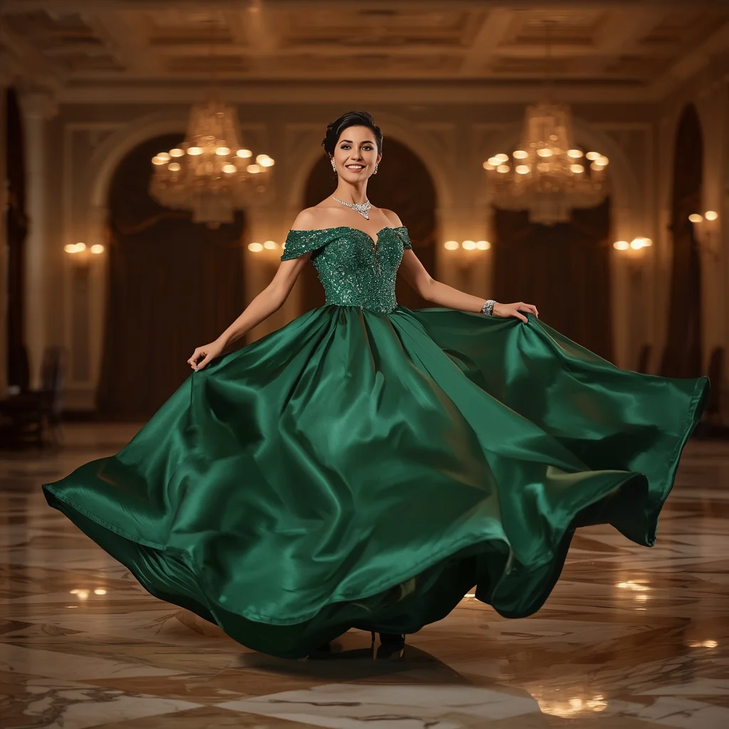 Glamorous Satin Gown Twirling on a Ballroom Floor — AI image prompt