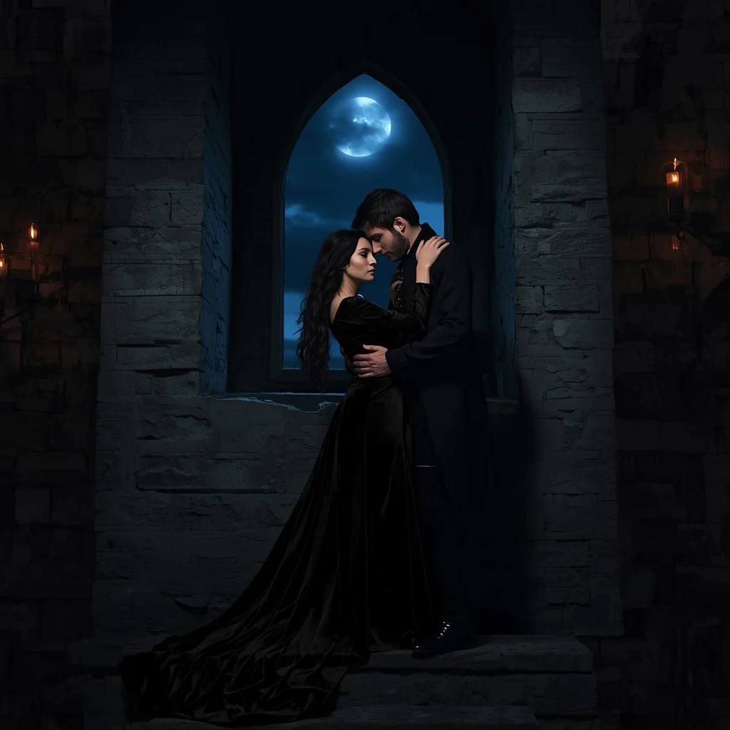 Gothic Romance: A Couple's Mysterious Embrace in an Ancient Castle — AI image prompt