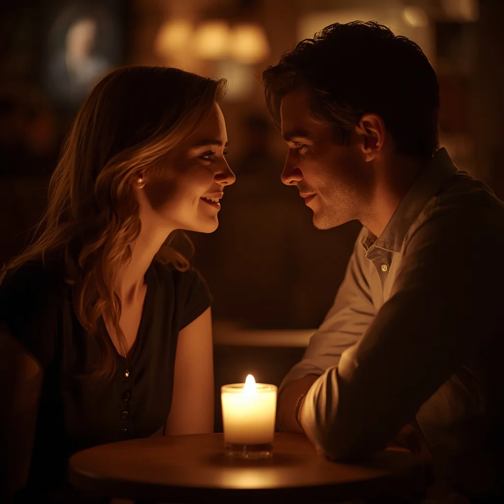 Intimate Gaze: A Romantic Couple in a Candlelit Cafe — AI image prompt