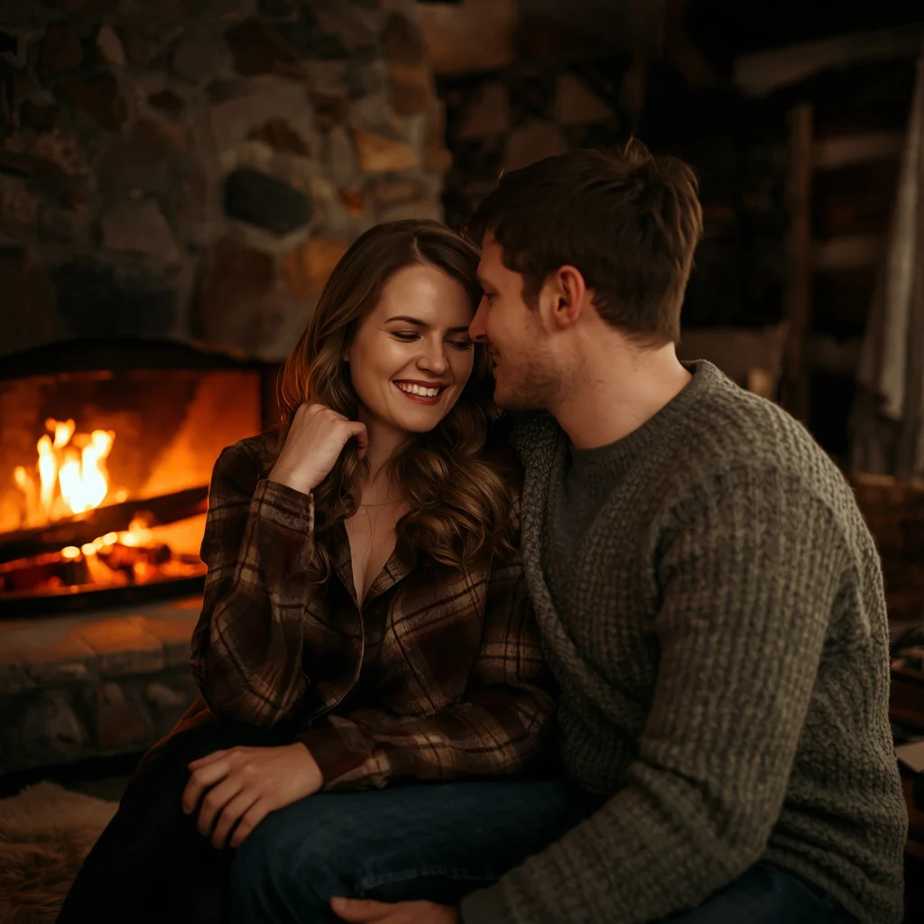 Intimate Moment: A Couple's Shared Smile in a Rustic Cabin — AI image prompt