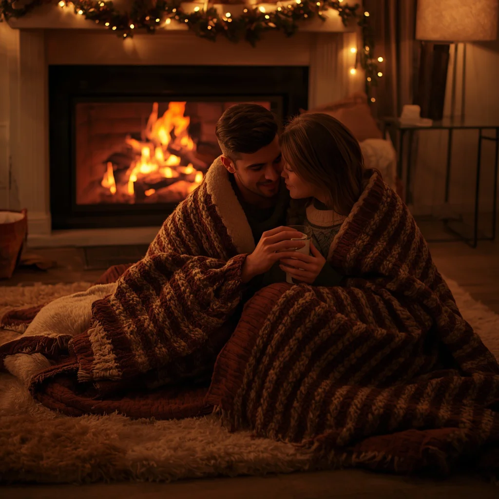 Intimate Moment: Couple Cuddling by a Winter Fireplace — AI image prompt