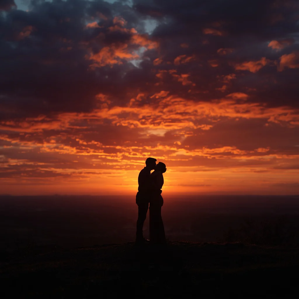 Intimate Moment: Couple Sharing a Romantic Sunset Kiss — AI image prompt
