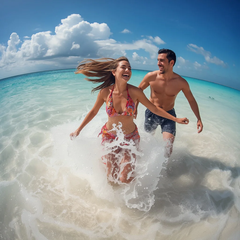 Joyful Beach Adventure: A Couple Running into the Ocean — AI image prompt