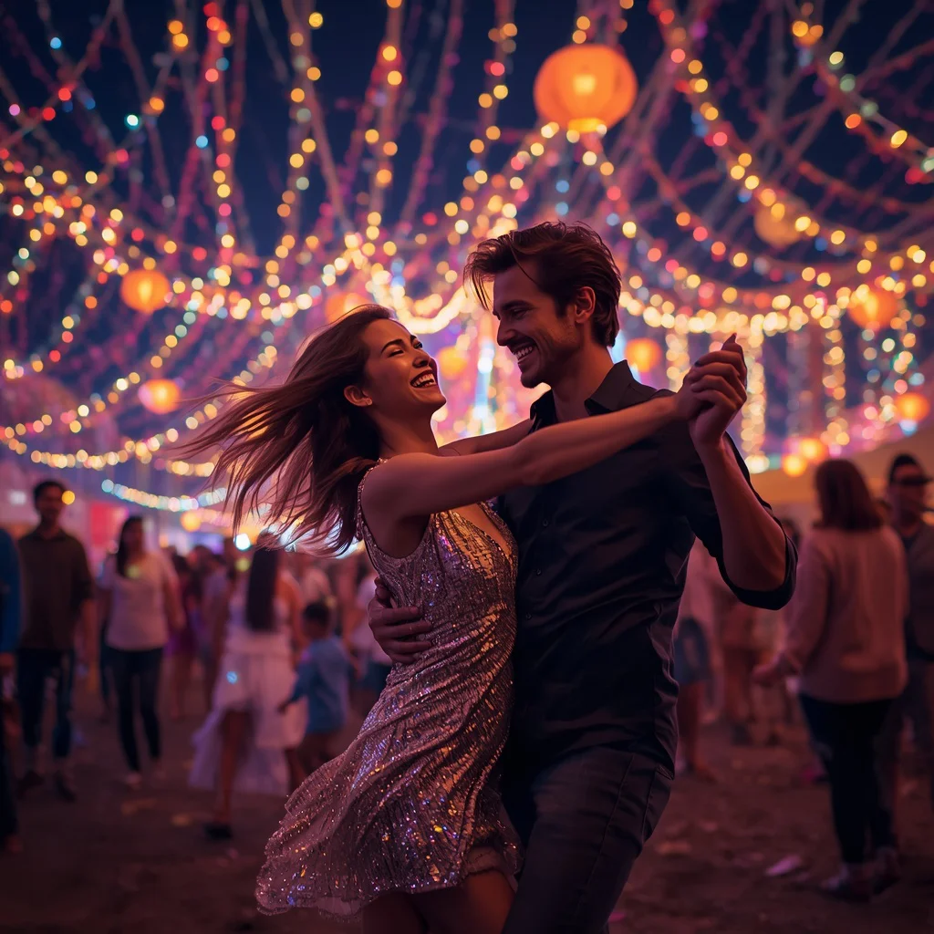 Joyful Celebration: A Couple Dancing Under Festival Lights — AI image prompt