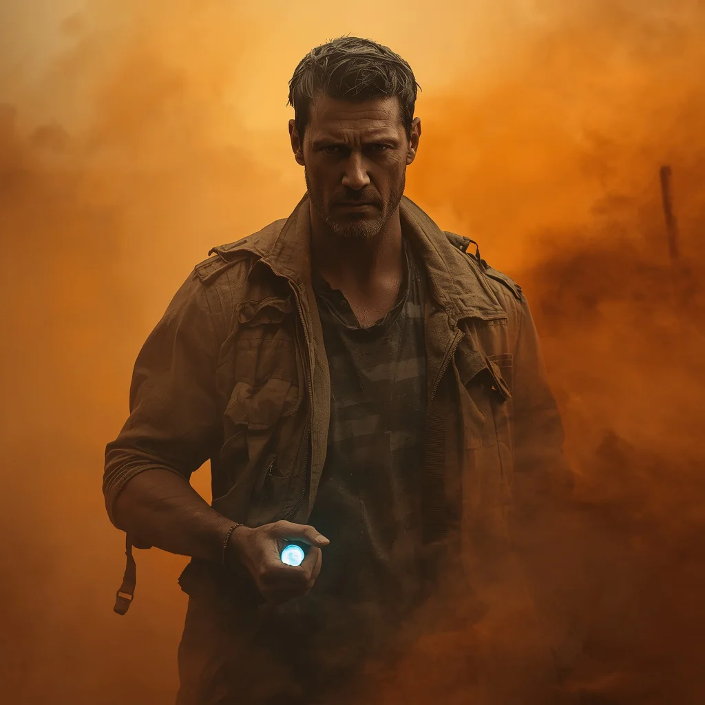 Masculine Strength in a Post-Apocalyptic Dust Storm with a Scavenged Artifact — AI image prompt