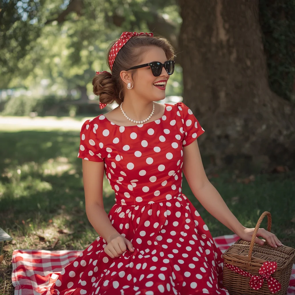 Playful Polka Dot A-Line Dress for a Retro Picnic — AI image prompt