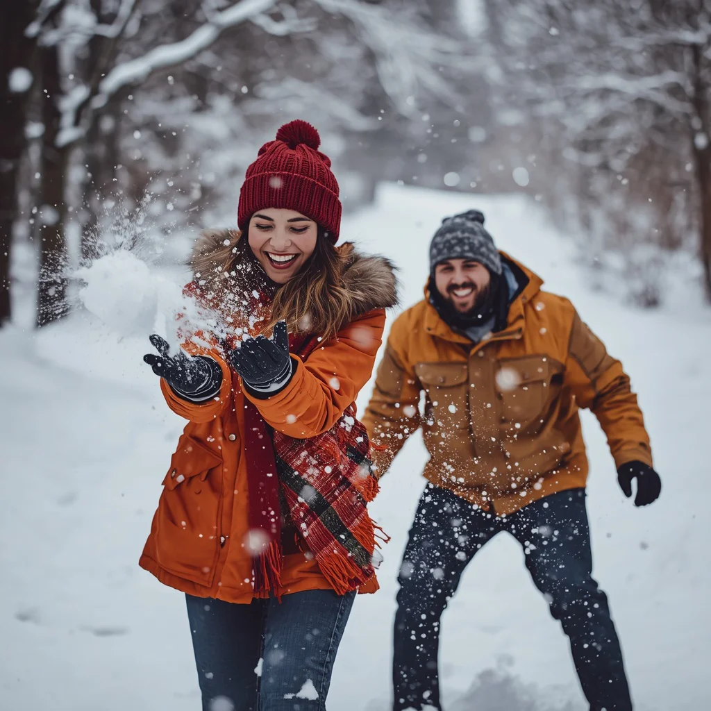 Playful Winter Wonderland: A Couple Snowball Fighting with Joy — AI image prompt