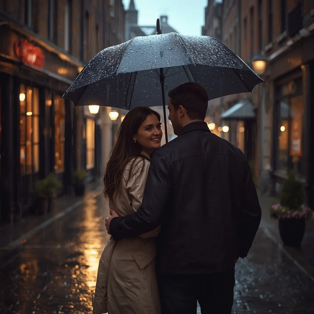 Rainy Day Romance: A Couple Sharing an Umbrella in a Cozy Alley — AI image prompt