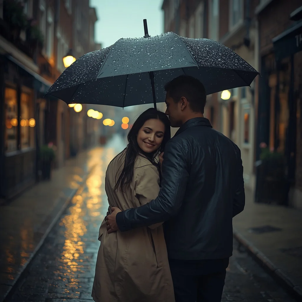 Rainy Day Romance: A Couple Sharing an Umbrella in a Cozy Alley — AI image prompt