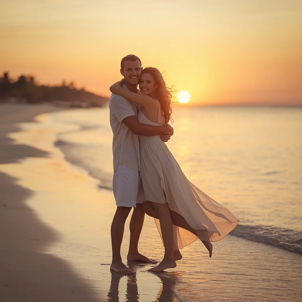 Romantic Beach Sunset Embrace: A Loving Couple's Golden Moment — AI image prompt