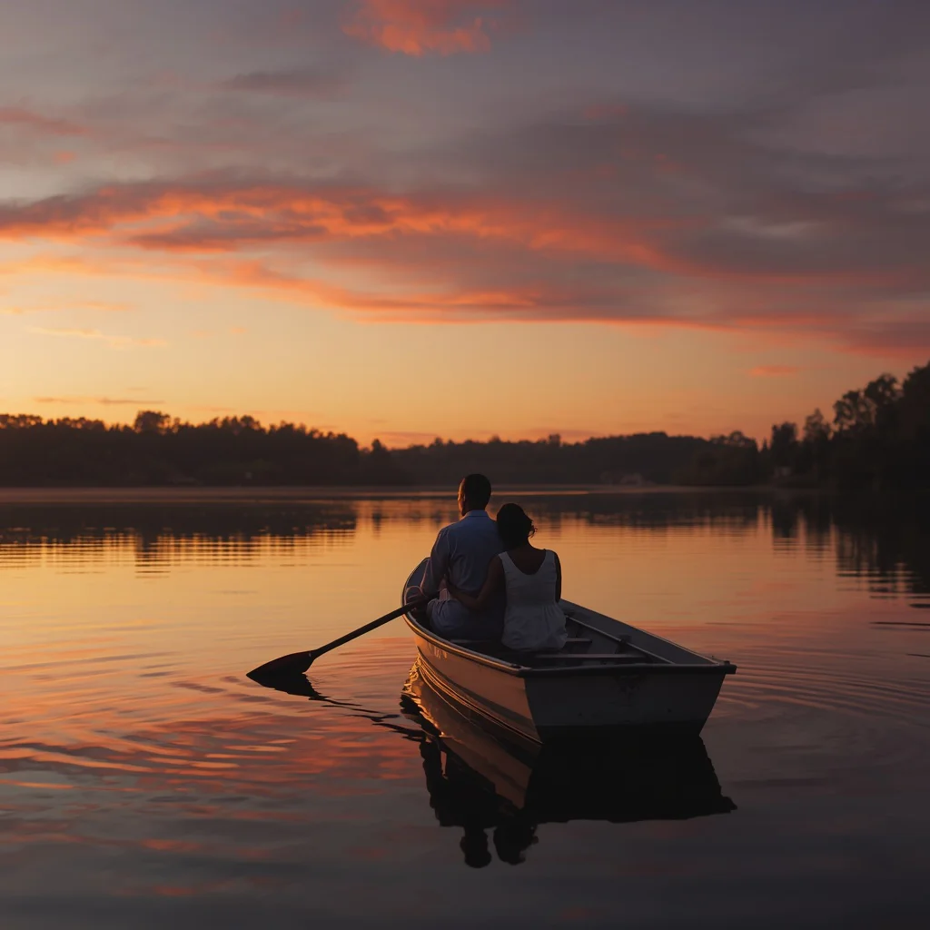 Romantic Boat Ride: Couple on a Calm Lake at Sunset — AI image prompt