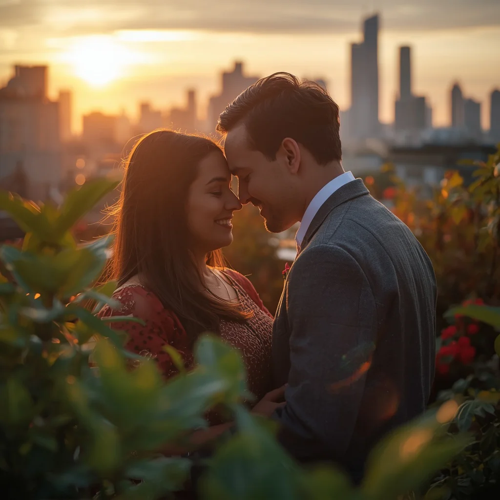 Romantic Couple's Intimate Moment in a Rooftop Garden at Sunset — AI image prompt