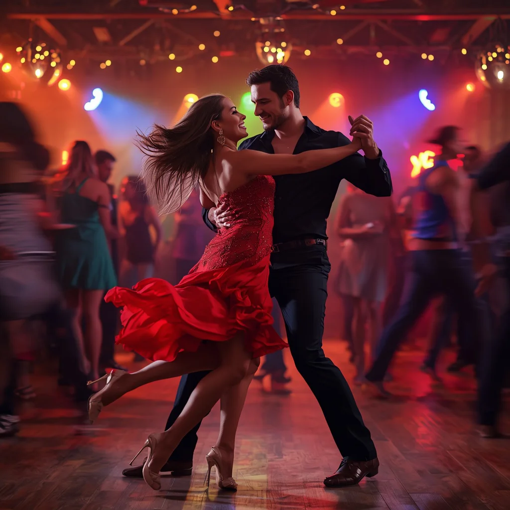 Romantic Dance: A Couple's Energetic Salsa in a Lively Club — AI image prompt