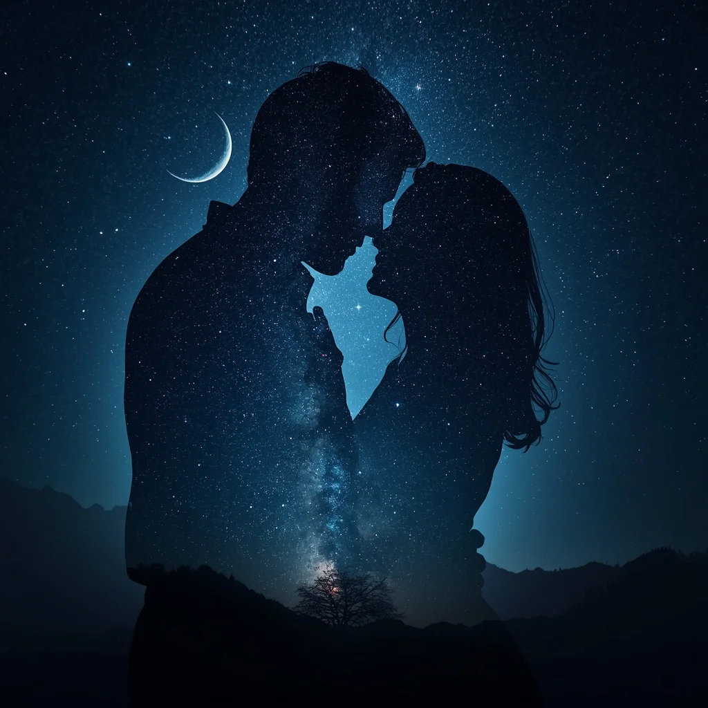 Romantic Double Exposure of a Couple Embracing Under a Starry Night Sky — AI image prompt