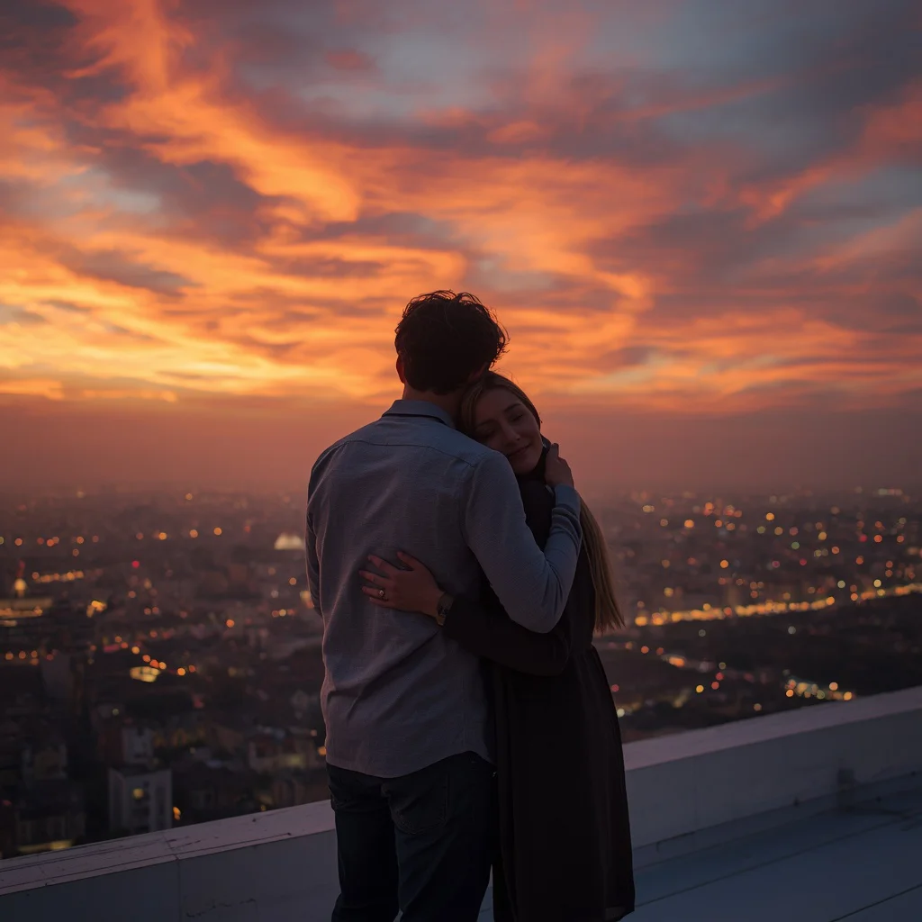 Romantic Embrace: Couple on a Rooftop at Sunset — AI image prompt