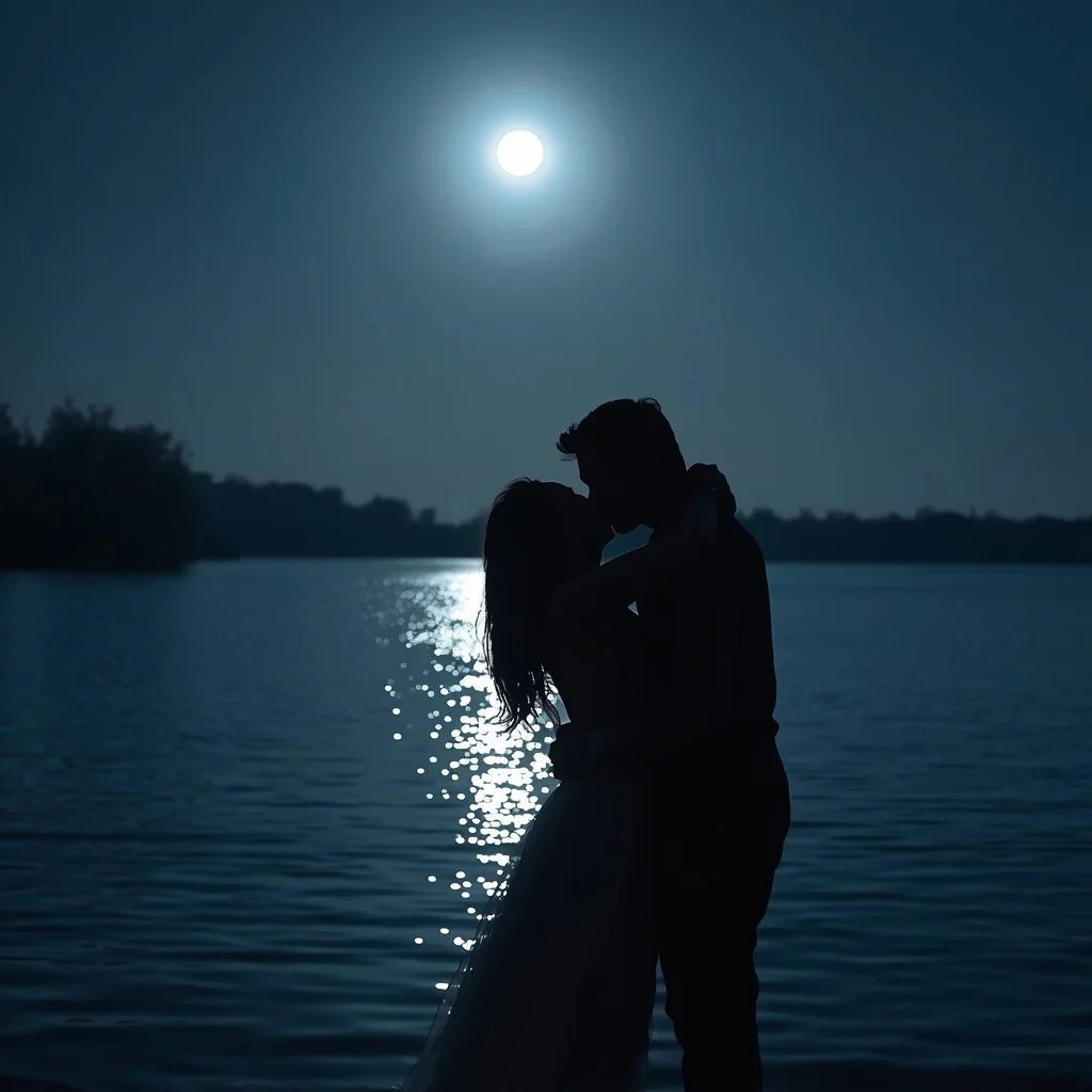 Romantic Moonlit Kiss: Couple by a Reflective Lake — AI image prompt