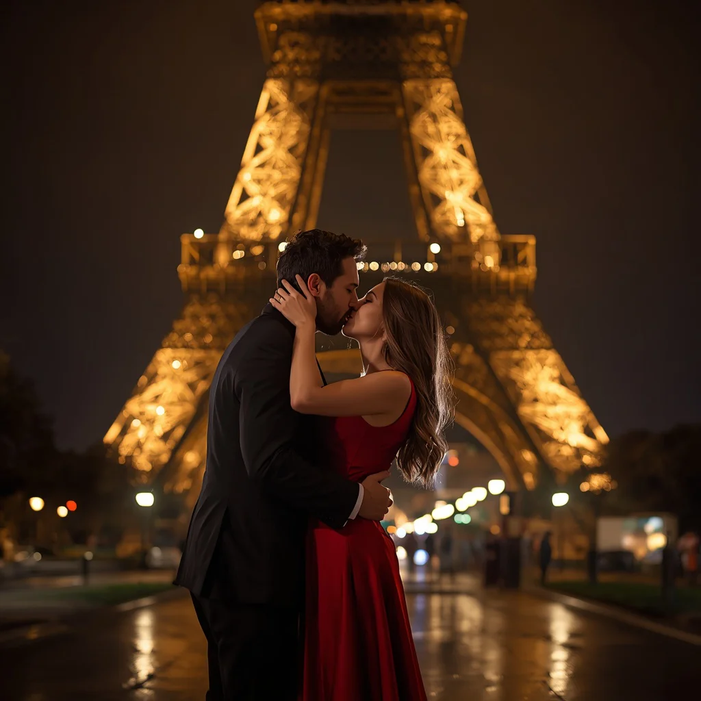 Romantic Parisian Evening: A Couple Sharing a Kiss Under the Eiffel Tower — AI image prompt