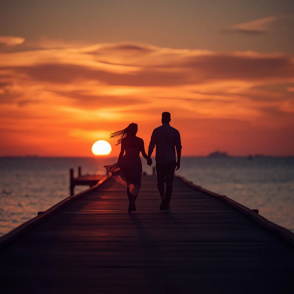 Sunset Silhouettes: A Romantic Couple Walking Hand-in-Hand on a Pier — AI image prompt