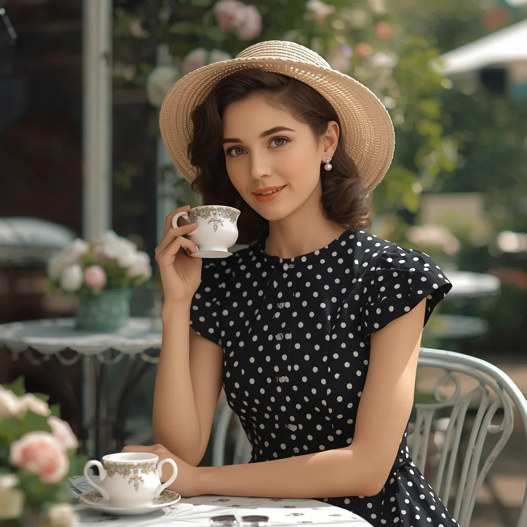 Vintage Charm in a Polka Dot Tea Dress for a Garden Party — AI image prompt