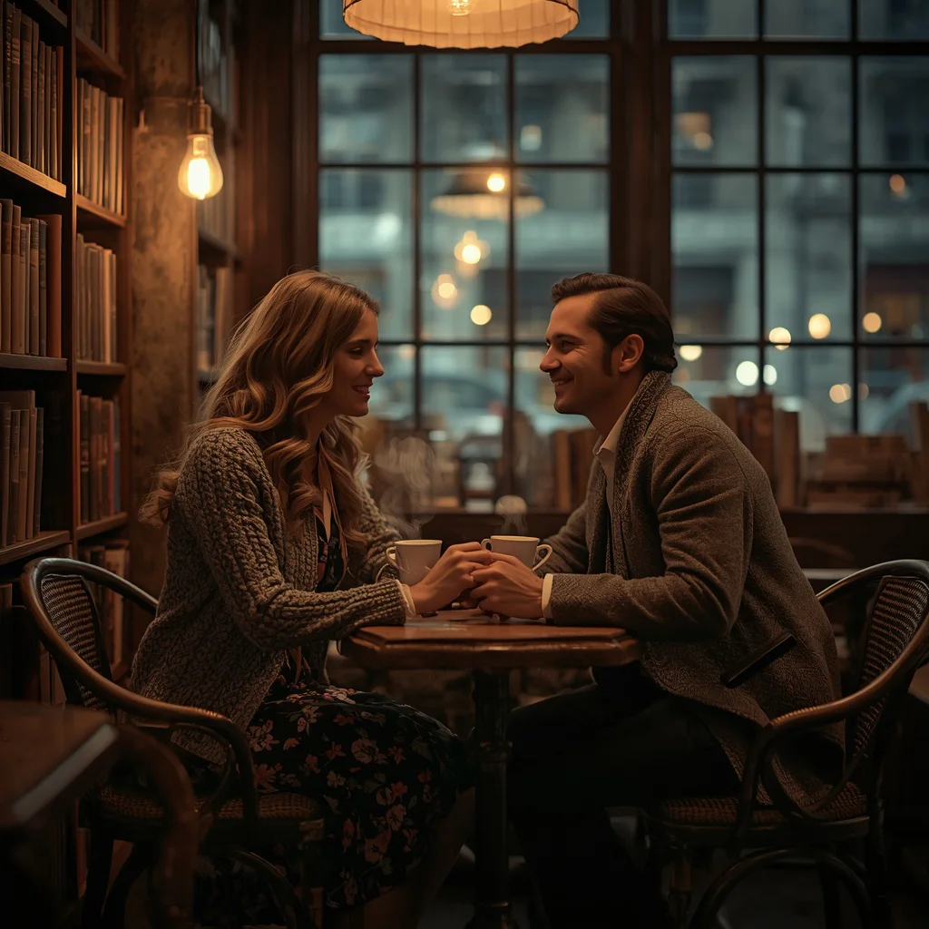 Vintage Romance: A Couple's Cozy Evening in a Bookstore Cafe — AI image prompt